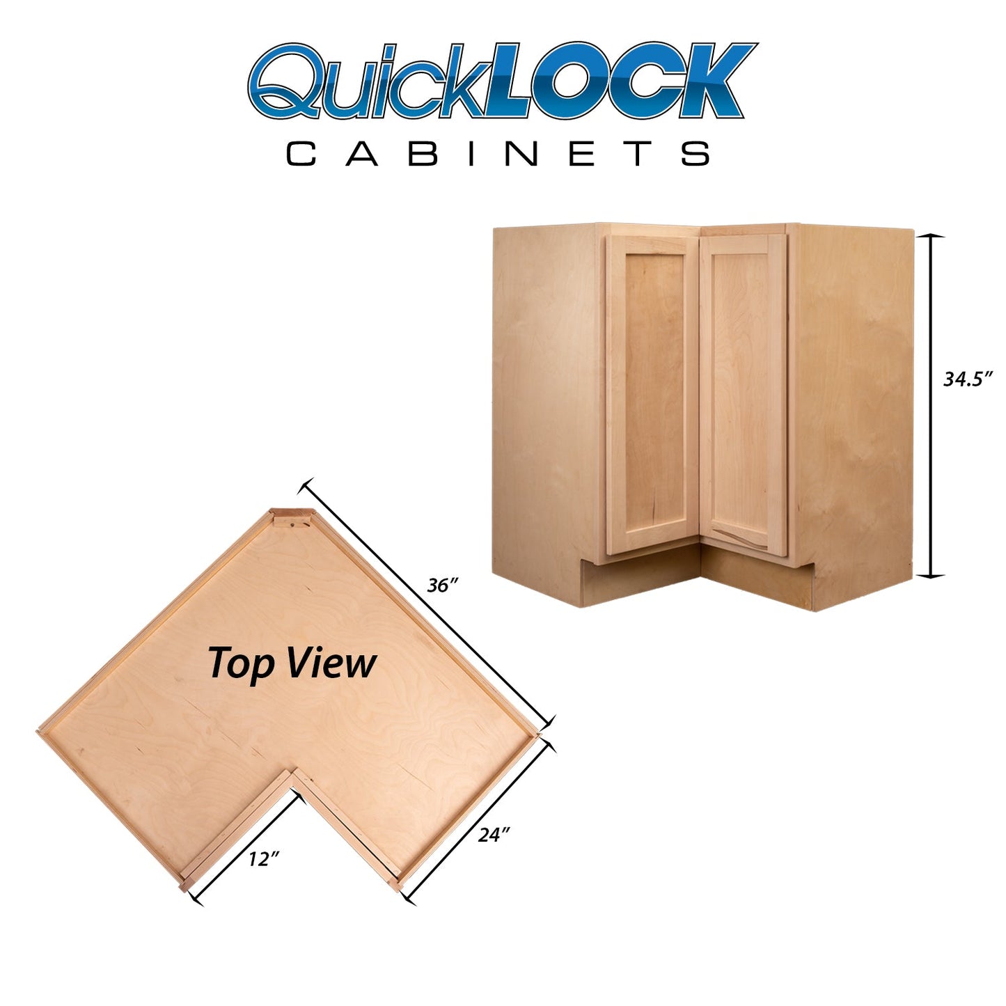 Quicklock Raw Maple Easy Reach Corner Base Cabinet- 36"W x 34½"H x 24"D